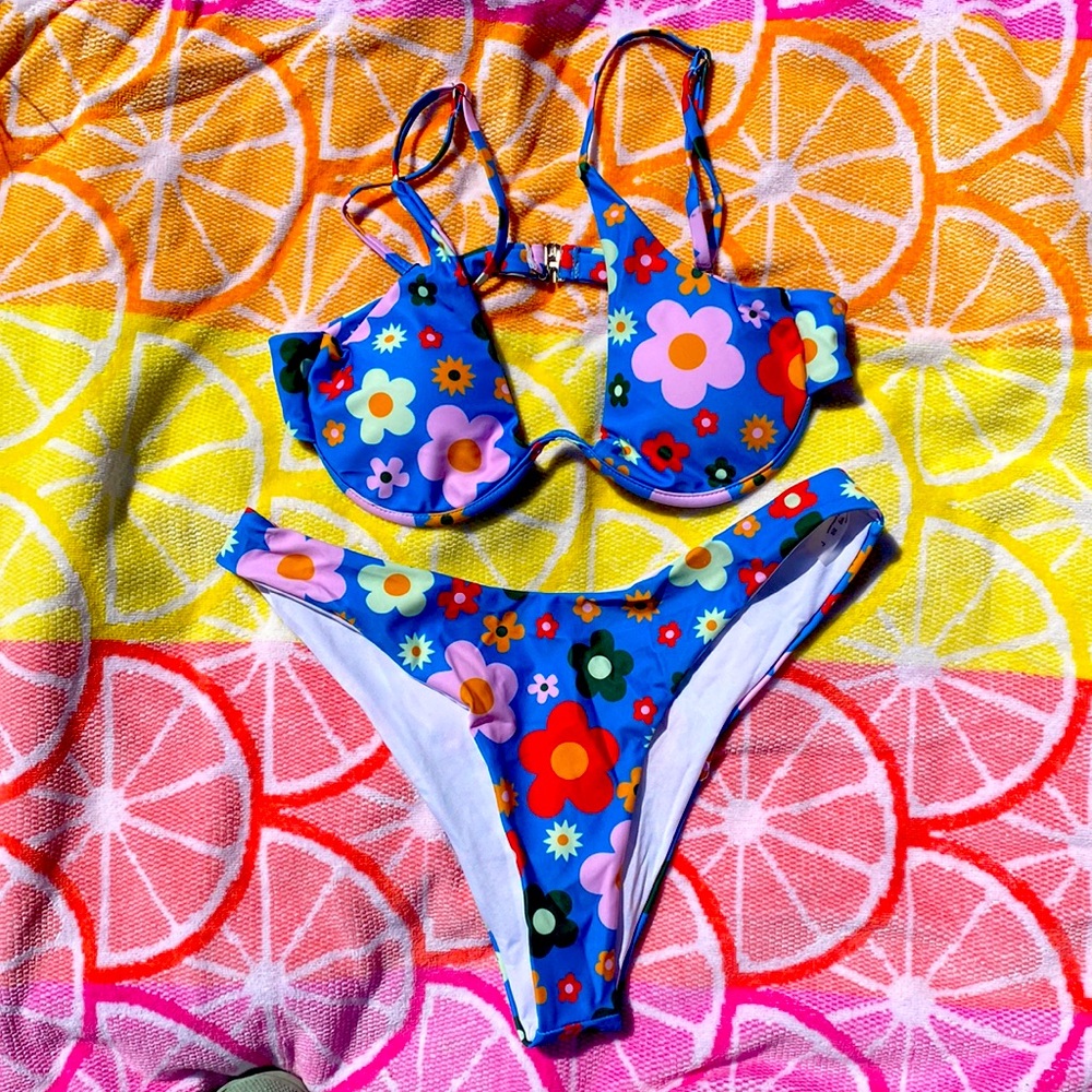 Blue bikini with flower pattern